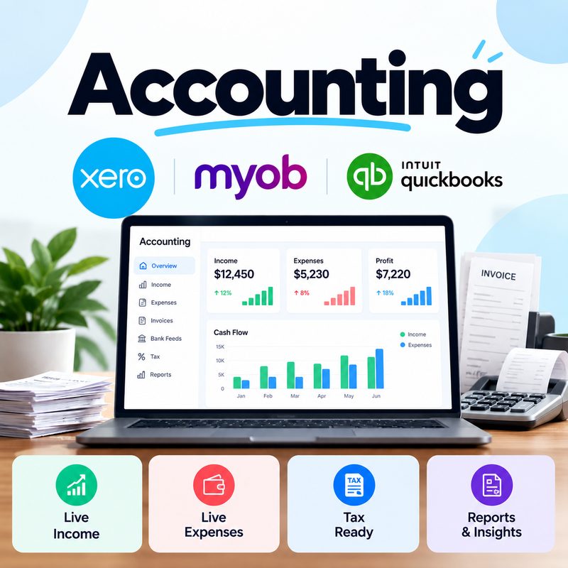 Accounting with Xero, MYOB and QuickBooks: live income, live expenses, tax ready, reports and insights