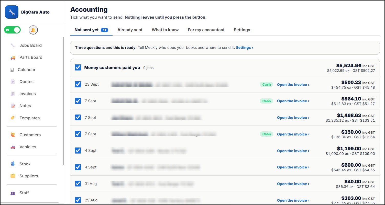 The real Meckly accounting screen, every payment with GST, ready to send
