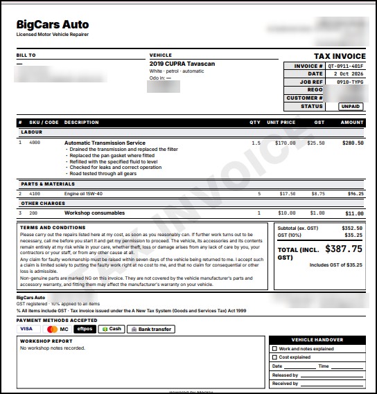 A real Meckly tax invoice with the GST shown, made from the approved quote