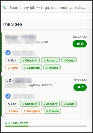 The real Meckly jobs board on a phone, the morning lineup of cars and jobs