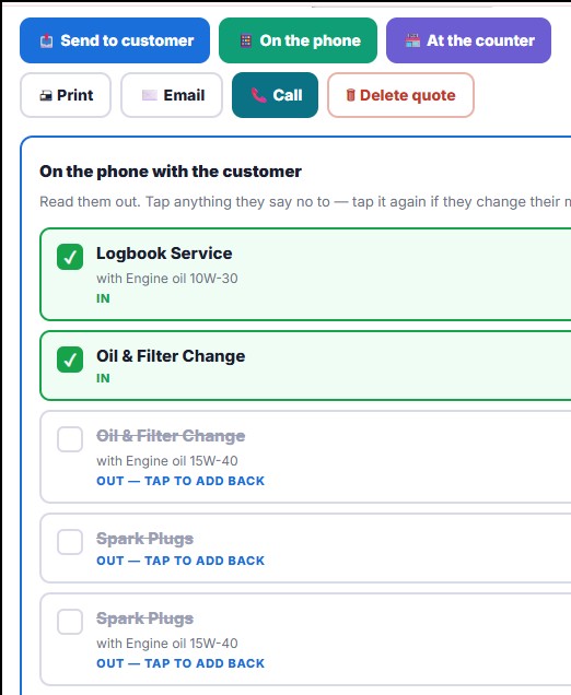 The real Meckly on the phone screen, ticking what the customer says yes to