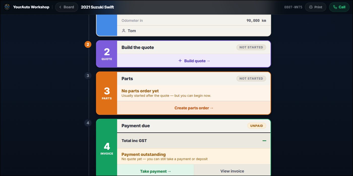 Digital job card showing quote, parts and payment stages
