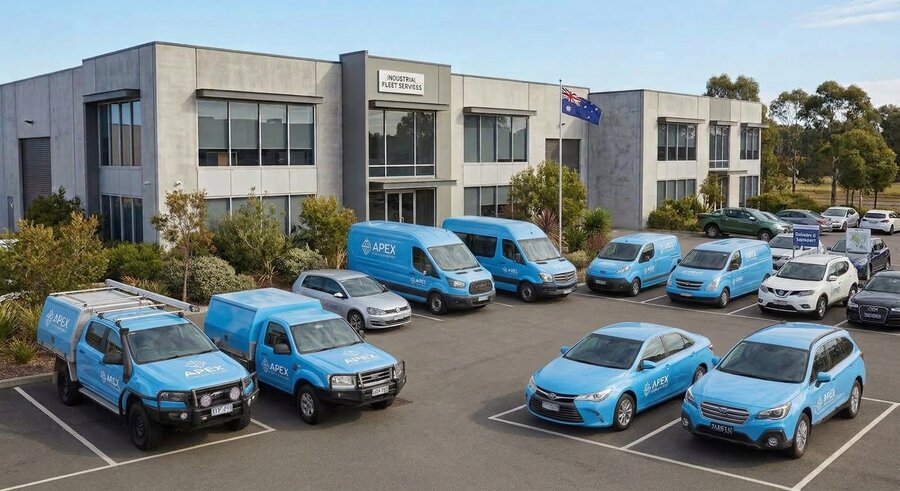A fleet of vans, utes and cars outside a fleet servicing workshop