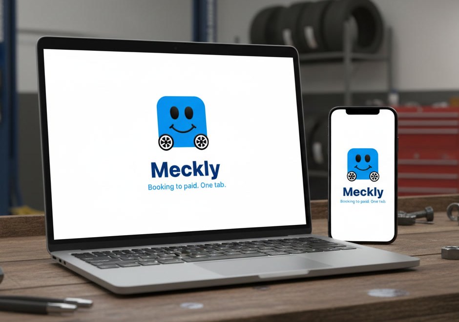 Meckly open on a laptop and a phone on a workshop bench