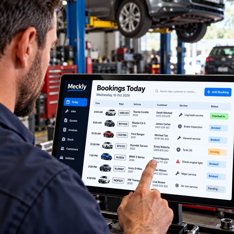 A mechanic in the workshop pointing at today's bookings in Meckly: time, rego, car, customer, service and status