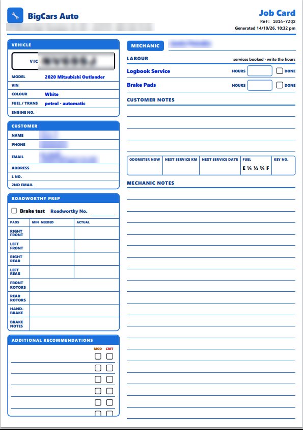A real Meckly job card with the car, the booked services and roadworthy prep filled in