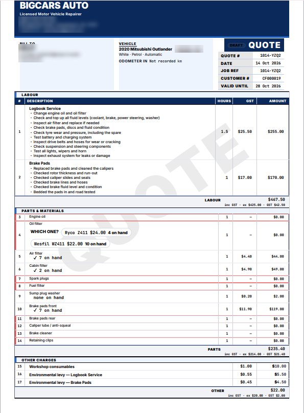 A real Meckly quote drafted from the booking, with labour, parts on hand and GST