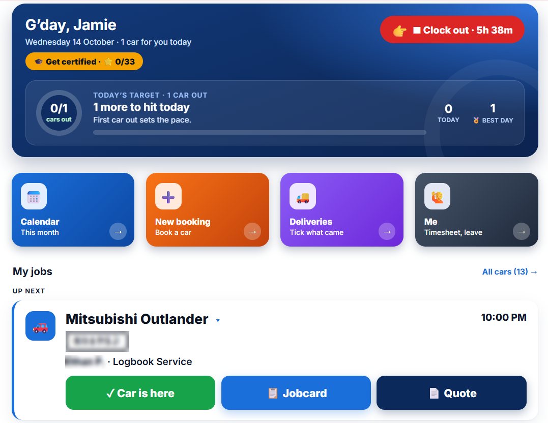 The Meckly staff home screen: today's cars, the daily target and the next job with Car is here, Jobcard and Quote buttons