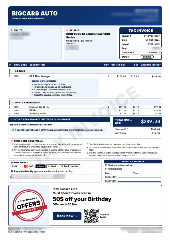 A real Meckly tax invoice with the GST shown, made from the approved quote