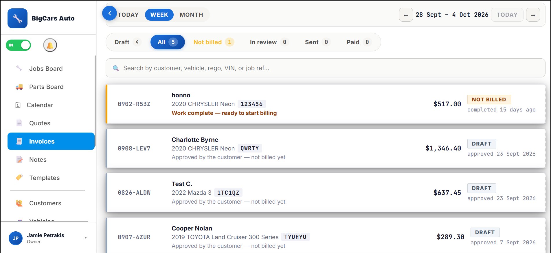 The real Meckly invoices screen showing draft, not billed, sent and paid jobs