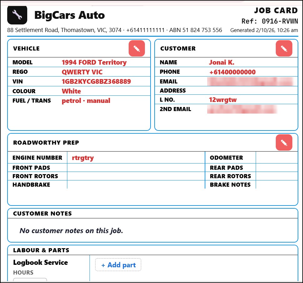 A real Meckly job card with the vehicle, customer and roadworthy prep filled in