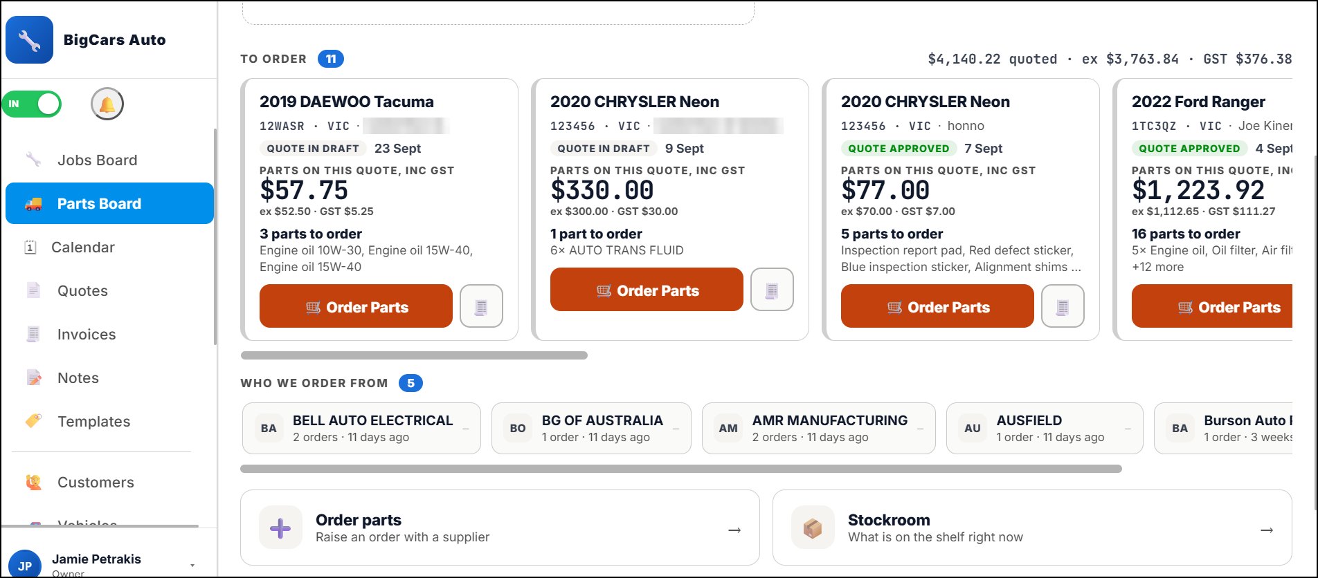 The real Meckly parts board showing parts to order from every quote, with GST