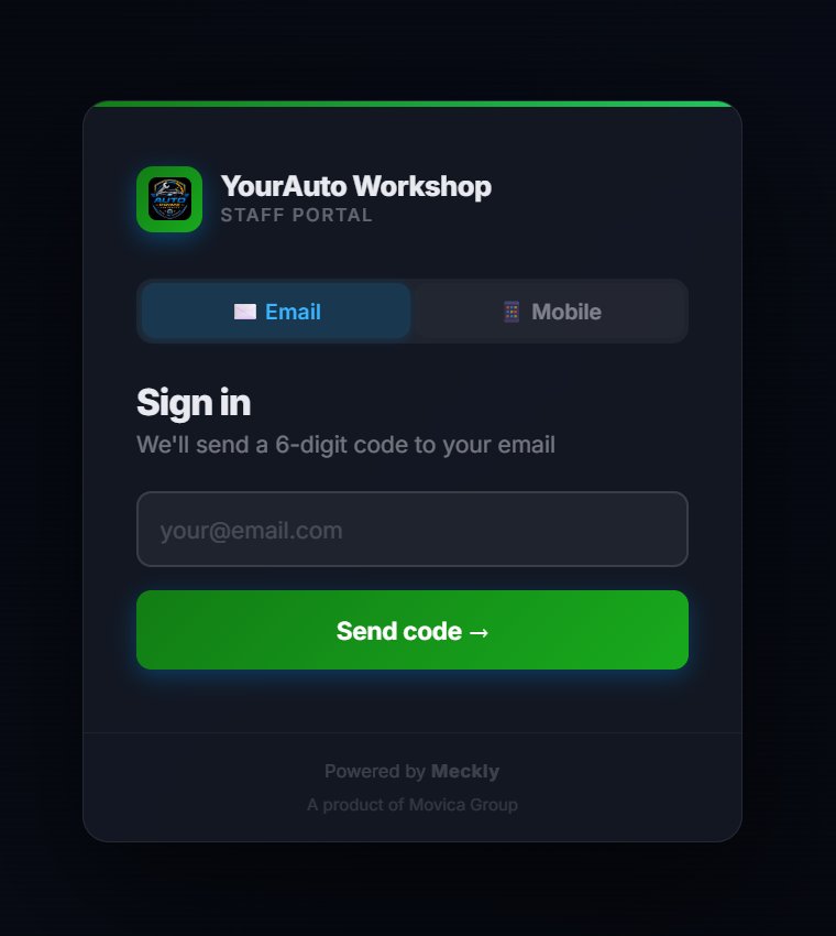 Meckly staff login screen for the workshop