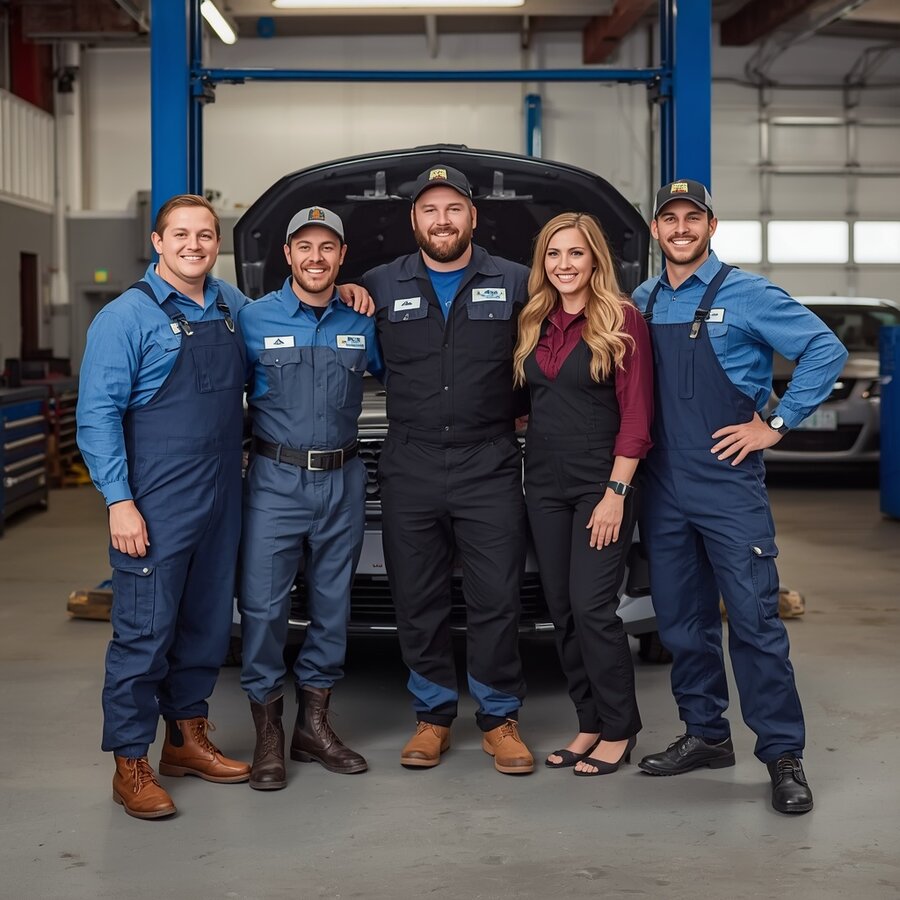 A workshop crew in blue overalls, standing in front of a hoist