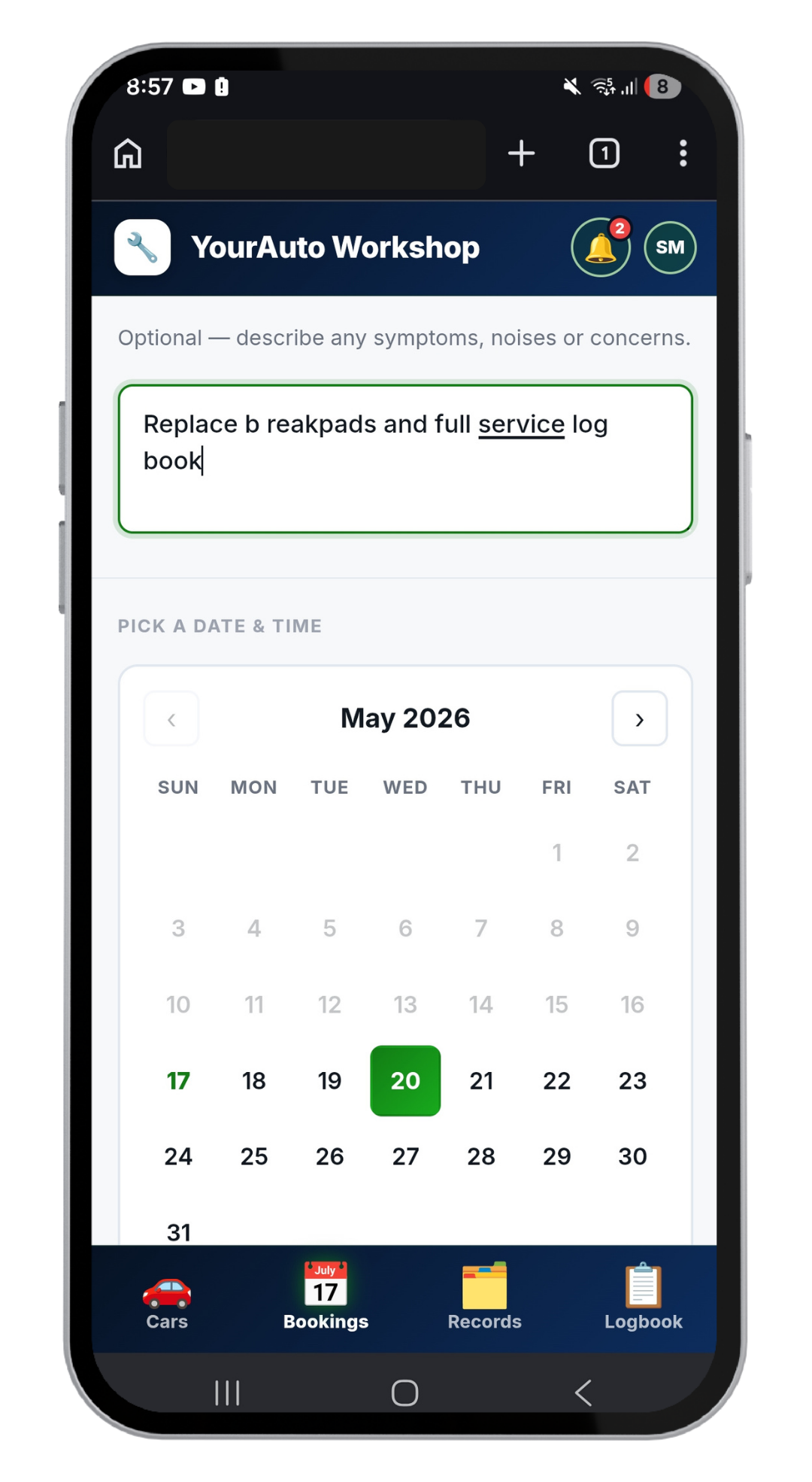 Booking screen