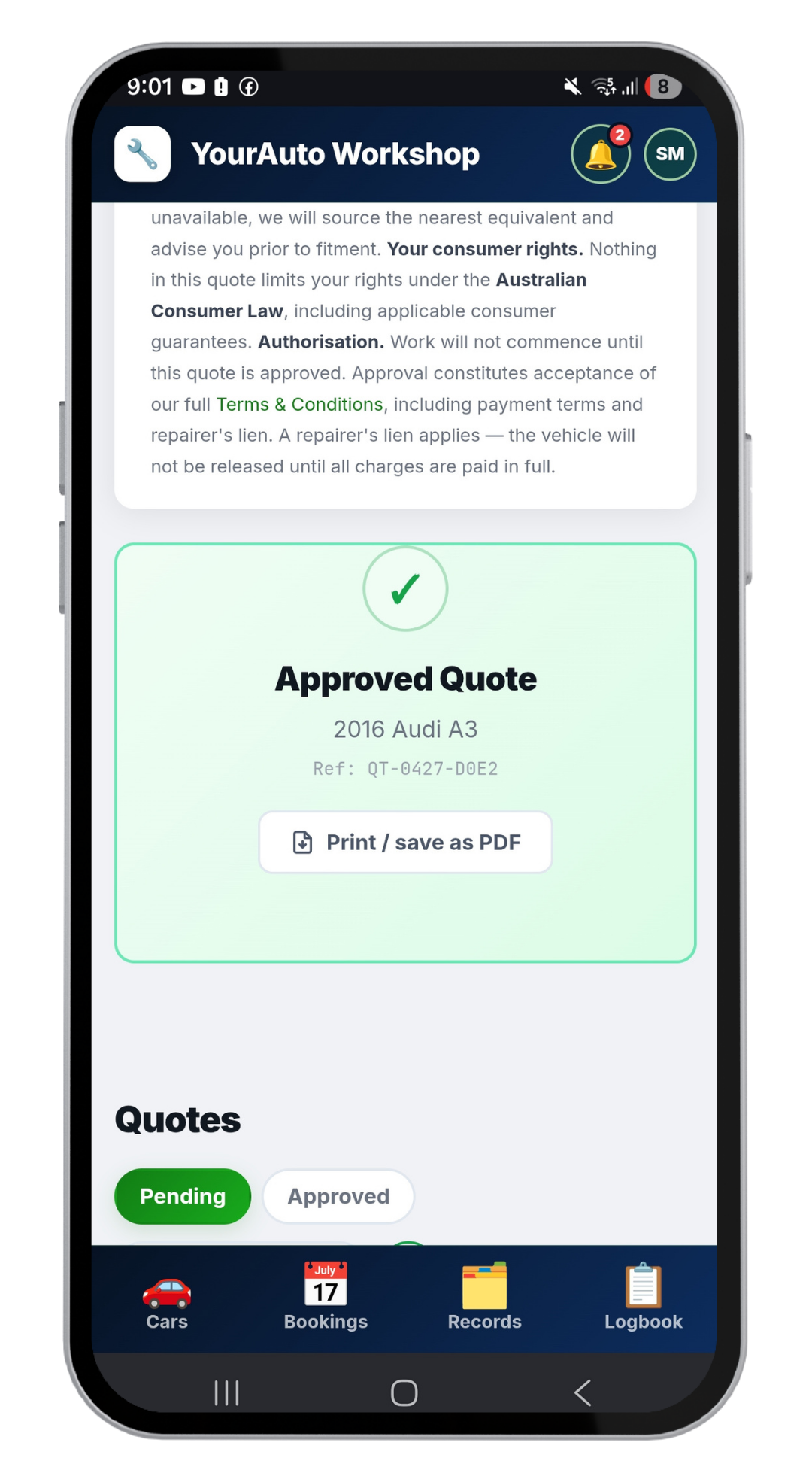 Quote approval screen with photos