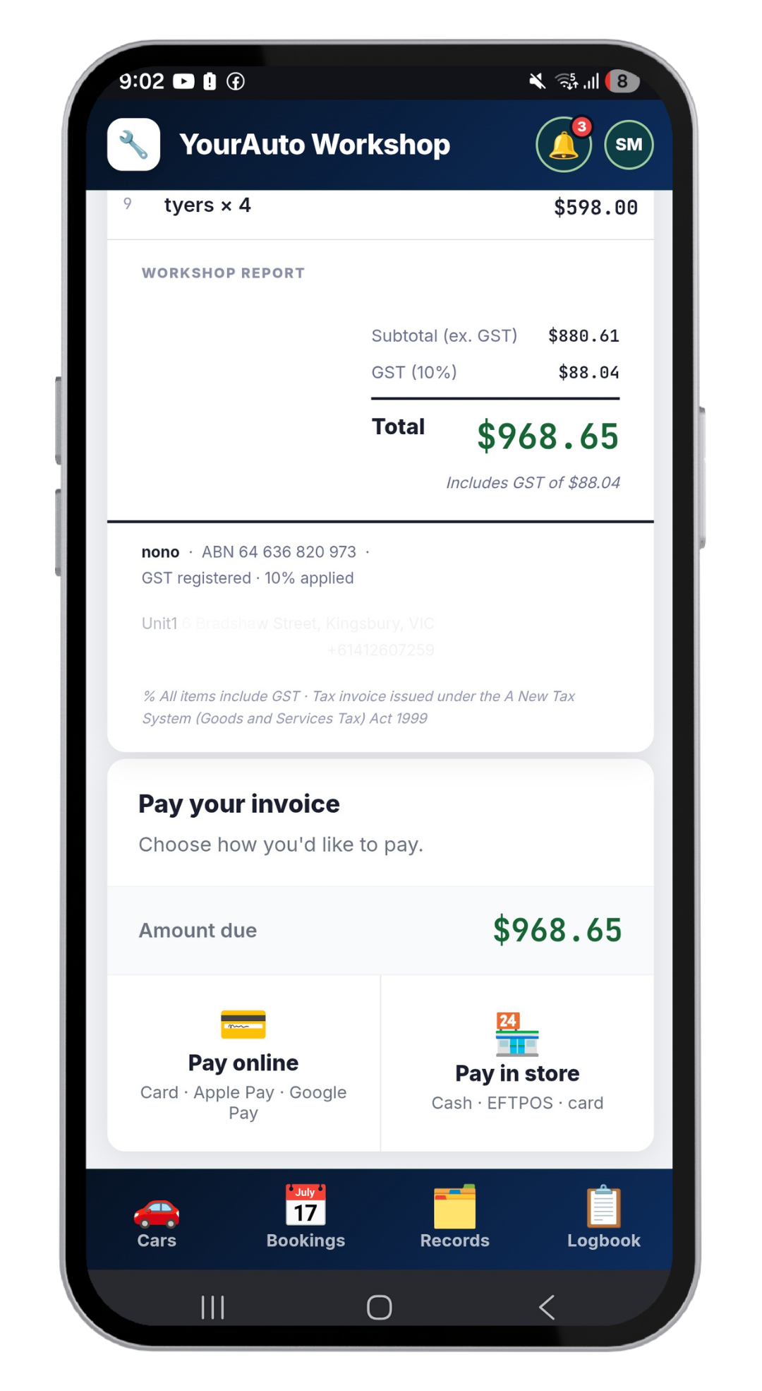 Invoice payment screen