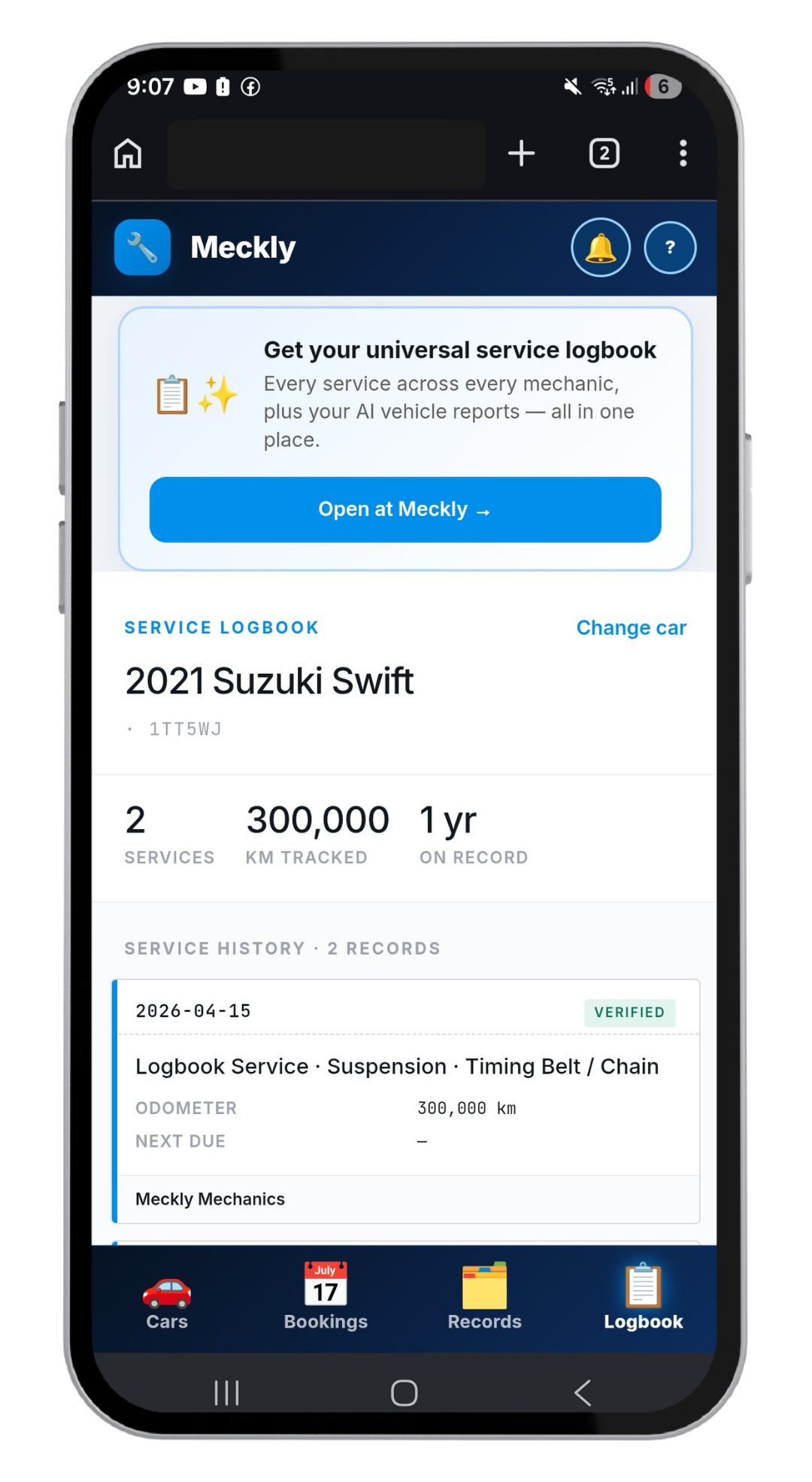 Universal service logbook screen